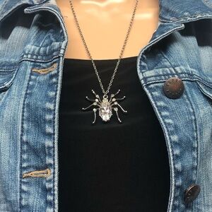 Large rhinestone silver tone spider necklace